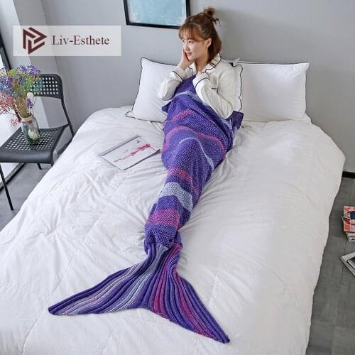 Liv-Esthete Blue Purple Throw Mermaid Tail Blanket For Adult Kids Child TV Sofa Bed Knitted Handmade Sleeping Bags Gift Blanket