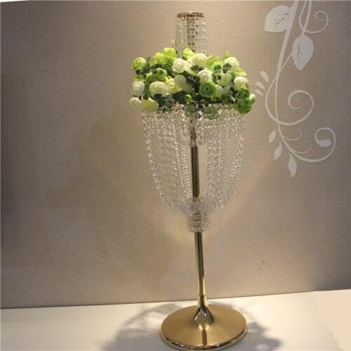 Metal Gold Flower Stand with bead strands Wedding road leads aisle crystal stands 2 style uses of hanging and stand