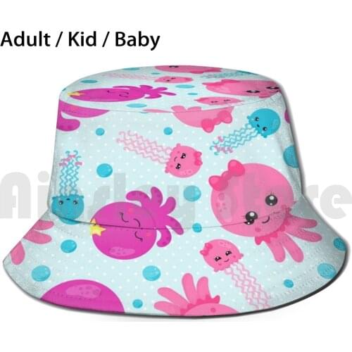 Kawaii Octopus Pink &Amp ; Blue Sun Hat Foldable UV Protection Octopus Octopi Pink Blue Tentacles Bows Kawaii Cute