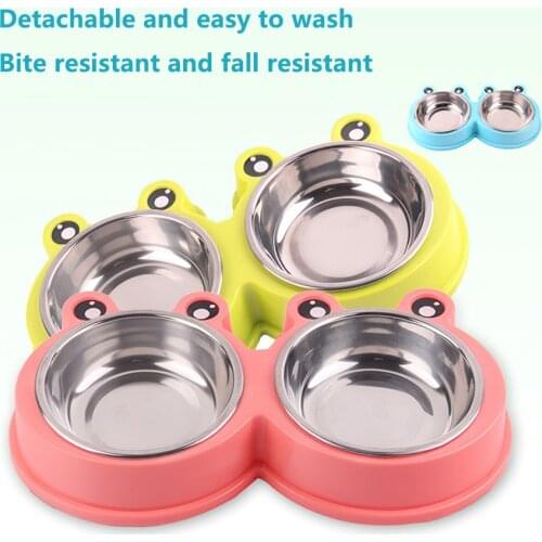 Pet Bowl Cartoon Frog Double Bowl Convenient And Durable Easy To Remove And Wash Stainless Steel Dog Car Feeding Bowl