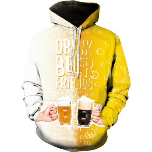 2021 New Mens Fashion 3D Beer Printed Hoodie Novelty Clothes Hooded Sweatshirt Yellow Autumn/Winter Long Sleeve Pullover Tops