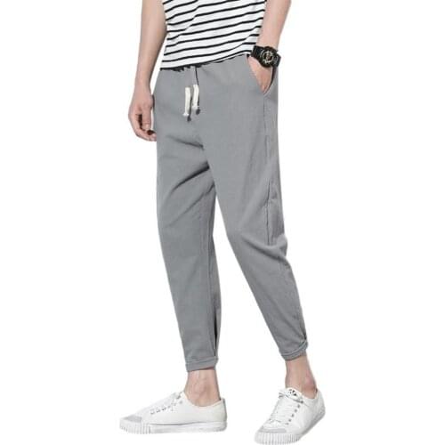 Men Casual Solid Color Ankle Tied Pockets Drawstring Sports Long Pants Trousers