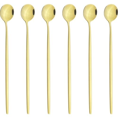 6Pcs Mirror Stainless Steel Dinnerware Set New Long Handle Spoon Tea Spoon Dessert Coffee Ice Cream Spoons Bar Accessories Tools