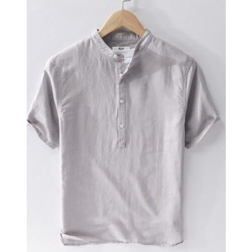 New style Italy brand short sleeve shirt men summer casual shirts for men stand collar gray shirt mens solid loose shirts male