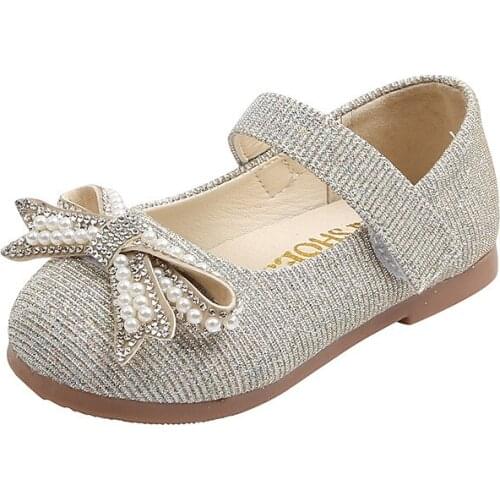 2021 Spring Autumn Brand New Girls Leather Shoes Kids Flats for Toddlers Girls Rhinestone Pearls Beading Bow-knot Soft Wedding