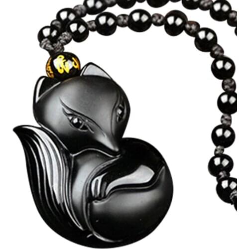 Obsidian Carving Unisex Pendant Natural Crystal Necklace Wang Peach Blossom Fox Fairy Lucky Jewelry For Party Birthday Gift