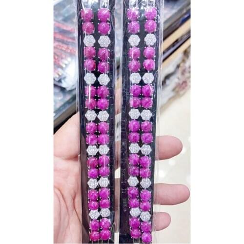 Charming Imitation Jades Fuchsia Round Beads Inlaid Rhinestone Bracelet Bangle 7"L