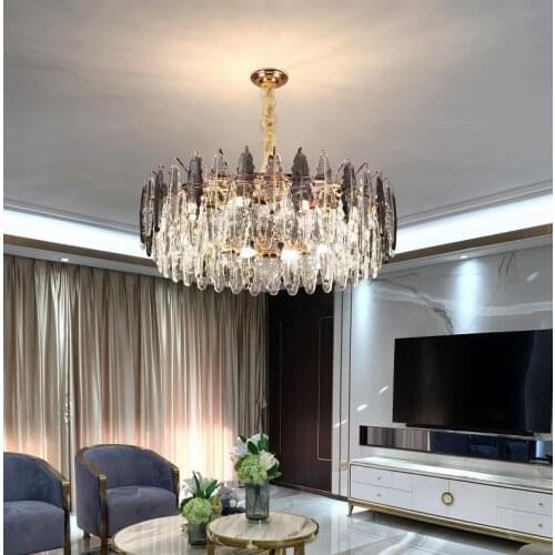 Luxury Living Room Big K9 Crystal Led Pendant Lights Modern Lustre Shiny Gold Round Metal Hanging Lamp Adjustable Suspend Lamp