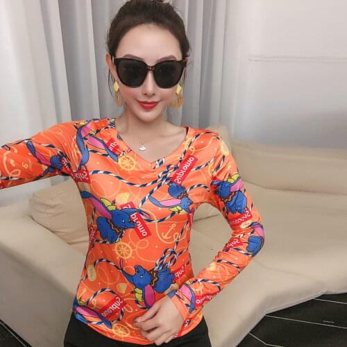 Spring dress new fashion v-neck printed bottoming shirt womens long sleeve slim joker t-shirt top