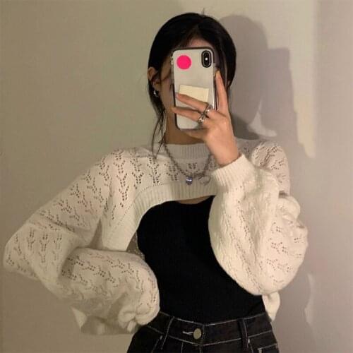 Sexy Hollow Out Cardigan Autumn Korean White Loose Short Knitted Sweater Long Sleeve Knit Top Women Clothing
