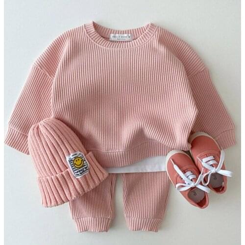 2021 Korean Style New Autumn Baby Girls 2-pcs Set Long Sleeves Knitting Waffle Sweater Top + Pants Children Sports Outfits E312
