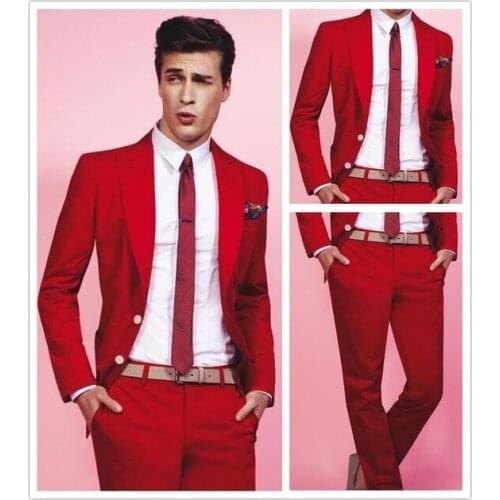 High Quality Two Buttons Red Groom Tuxedos Peak Lapel Groomsmen Mens Suits Blazers (Jacket+Pants+Tie) W:733