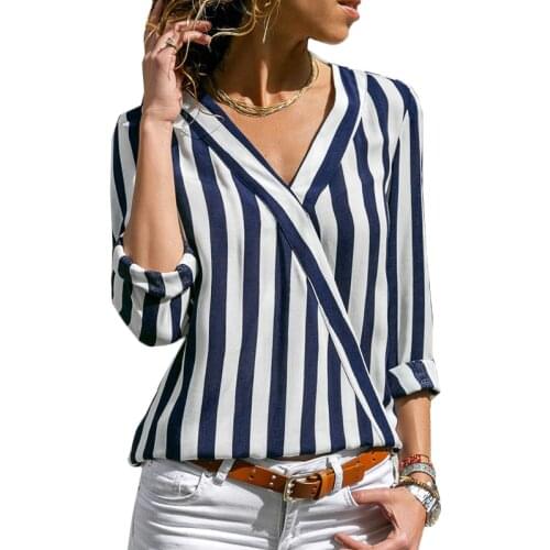 Women Striped Blouse Shirt Long Sleeve Blouse V-neck Shirts Casual Tops Blouse et Chemisier Femme Blusas Mujer de Moda 2019