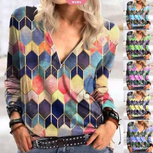 Womens T-shirt 2021 Spring and Autumn New Fashion Retro Geometric Printing Zipper V-neck Long-sleeved T-shirt Casual Soft Top