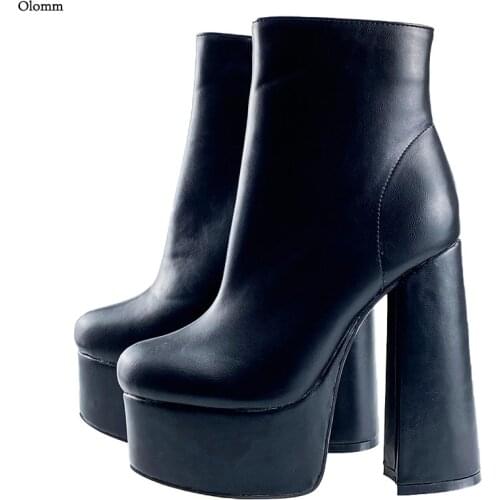 Olomm New Handmade Women Platform Winter Ankle Boots Chunky Heels Round Toe Fabulous Black Party Shoes Plus Size 35 43 45 47