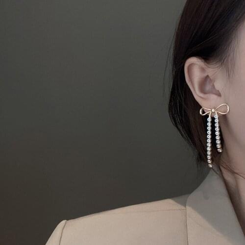 TIMEONLY Elegant Hollow Metal Bowknot Dangle Earring Bling Rhinestones Tassel Earrings for Women Girls Jewellery Korean Fashion