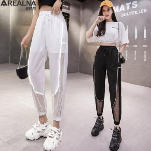 Streetwear Reflective quick-drying Pants Women Korean Mesh Splice Elastic Waist Sweatpants Summer Hip Hop Harajuku Baggy Pants