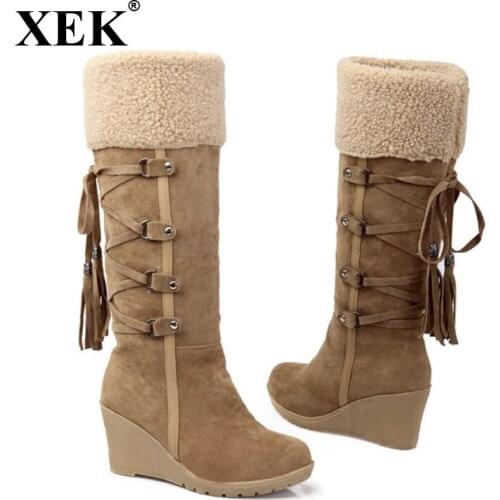 XEK 2018 NEW winter Plus size 34-43 snow boots wedges with high heels 7cm Increasing womens boots ZLL194