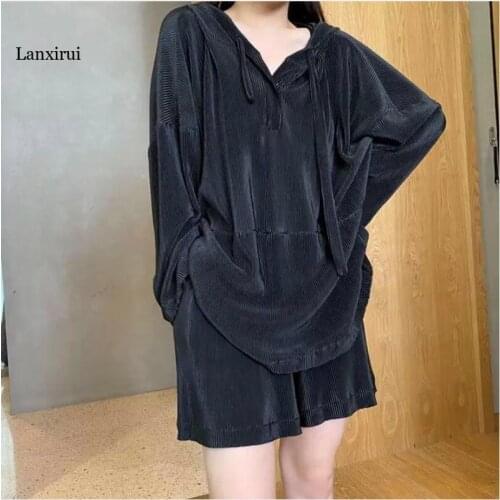 Summer 2 Pieces Set Solid Casual Loose Clothes Hooded Oversize Women Short Sleeve T-shirts Shorts Pants Sets Streetwear