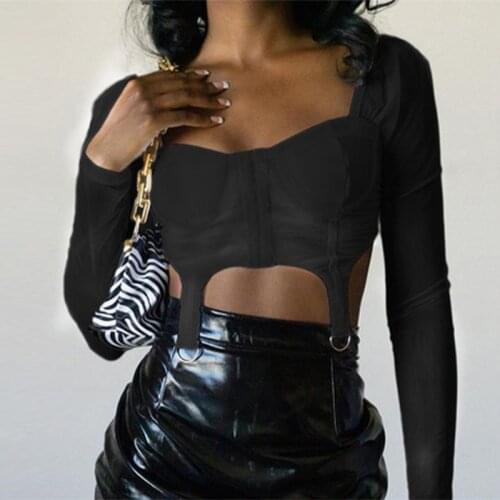 Sexy Mesh Patchwork Womens Crop Top Fashion Square Neck Long Sleeve Irregular Slim Female T-shirt 2021 Summer StreetWear Shirt