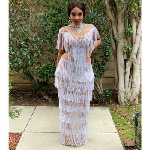 Silvery Tassels Long Dress Rhinestones Dress Women Party Catwalk Dresses Birthday Celebration Dress Singer Host Stage Costumes