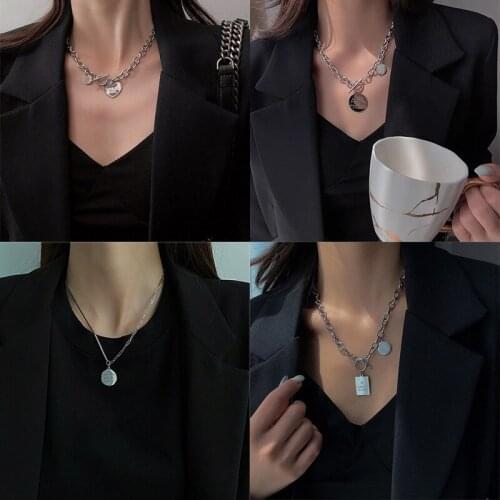 VSnow Fashion Butterfly Cross Love Pearl Letters Pendant Necklace for Women Vintage Stainless Steel Circle Star Necklace Jewelry