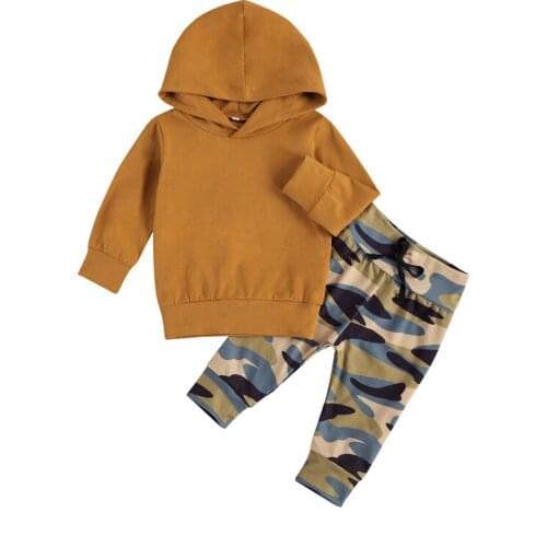 Wallarenear 0-3Years Toddler Baby Boy Autumn 2Pcs Clothing Set Long Sleeve Solid Hooded Top Camouflage Printed Long Pant Outfit