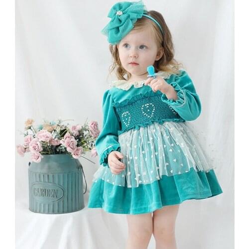 2021 Hot sell Flower Girl Dresses Green Long Sleeves Lace Bow Baby Birthday Party Dress Ball Gowns