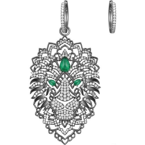 925 Sterling Silver Asymmetric Black Dark Gray Fierce Lion Earrings Green Zirconia Stones Fine Feroce Collection Women Jewelry