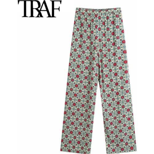 TRAF Women Chic Fashion Side Pockets Floral Print Straight Pants Vintage High Elastic Waist Female Trousers Mujer
