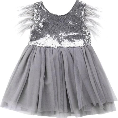 Toddler Kids Baby Girls Dress Tassel Summer Gray Sequin Sleeveless Lace Tutu Tulle Party Princess Backless Dresses Sundress