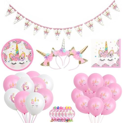 Kids Girl Unicorn Headband With Sash Unicorn Paper Plate Cups Baby Shower 1st One Year Birthday Party Decorations Unicorn Party