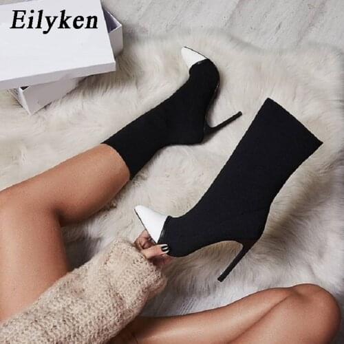 Eilyken 2021 New Women Stretch Fabric Sock Boots Pointed Toe Elastic High Boots Slip On High Heel Ankle Boots Women Pumps Botas
