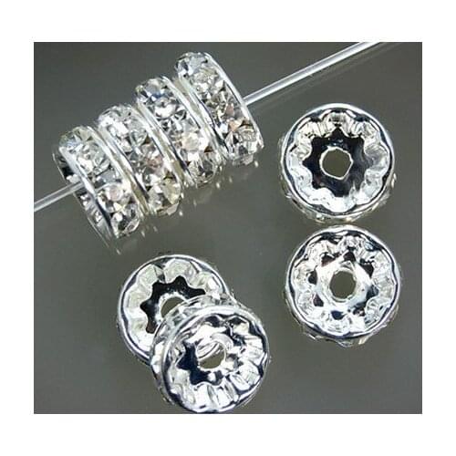 Hot 10mm Fry645ft White Crystal Rhinestone Rondelle Spacer, Silver Plated oks Loose Beads Fit Charm Bracelet
