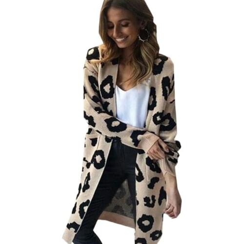 New Fashion Autumn Winter Long Knitted Cardigan Womens Sweater 2021 Leopard Print Casual Long Sleeve Sweater Coats Jacket Women