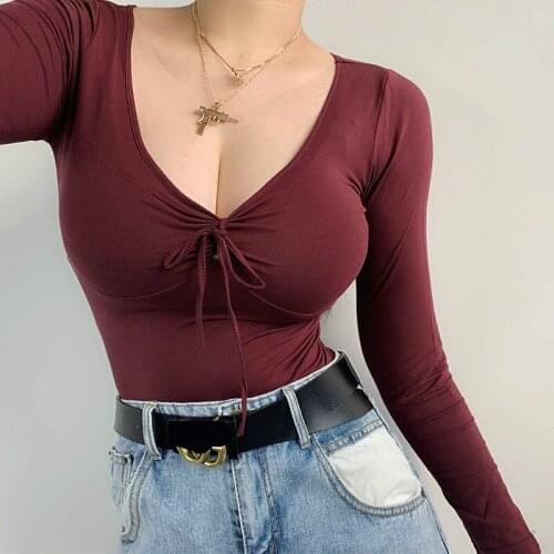China French Solid Color Autumn Winter Bottom V-neck Low Chest Sexy Hot Tight Long Sleeve Women Fold Bow T-Shirt Top A89V