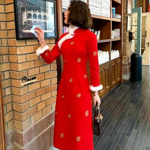 Cheongsam Chinese Traditional Dress Long Sleeve Qipao Chinese Oriental Dresses Sexy Qi Pao Female Winter Asian Dress FF2507