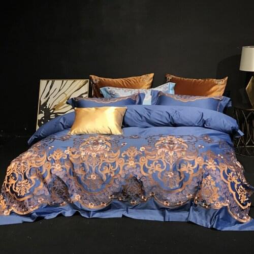 120S Egyptian Cotton Luxury Embroidery Royal Bedding Set 4/6pcs King Queen blue Wedding Bed Sheet set Duvet cover Pillowcase red