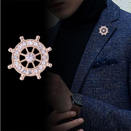 Korean Fashion Rudder Crystal Brooch Pin Mens Suit Shirt Badge Metal Collar Lapel Pins and Brooches Trendy Jewelry Gifts