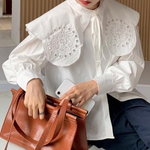 Korean Chic Autumn Versatile Heavy Industry Embroidery Detachable Collar Loose Single Breasted Flared Sleeve Shirt Blouse