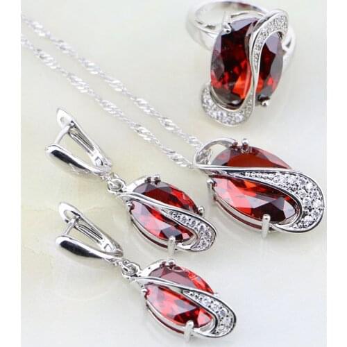 Trendy Egg Shaped 925 Sterling Silver Jewelry Sets Red Garnet Zircon White CZ For Women Wedding Earring/Pendant/Necklace/Ring