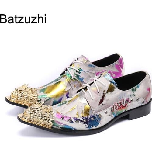 Batzuzhi Italian Style Mens Shoes Fashion Wedding and Party Leather Dress Shoes for Men Lace-up Metal Toe Zapatos Hombre! 38-46