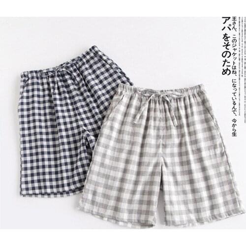 Couple pajamas summer cotton gauze shorts Japanese style simple elastic waist casual large size lattice men and women home pants
