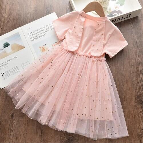 Pudcoco Little Girl' s Birthday Party Dress Short Sleeve Dress Rabbit Print O-neck Mesh Star Sequins Dress Tulle Skirt 2-7 Years