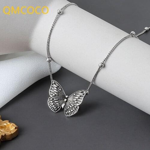 QMCOCO Butterfly Pendant Necklace Design Vintage Fashion Clavicle Chain Trendy 925 Silver Party Jewelry Gifts For Women
