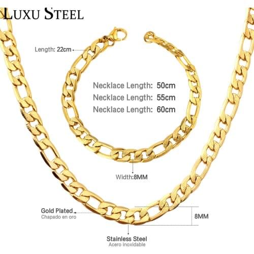 LUXUSTEEL Hip Hop Jewelry Width 8mm Stainless Steel Gold Chains Jewelry Sets Women Men Long Chains Necklace Fashion Bracelets