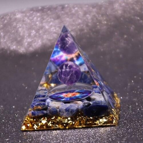 Handmade Orgonite Pyramid 60mm Amethyst Crystal Sphere & Blue Quartz Pyramid Orgone Reiki Energy Healing Meditation