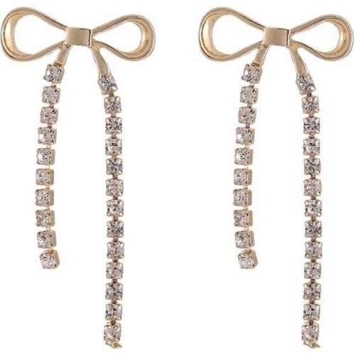 Korean Cute Bowknot Crysta Clip on Earring for Women Long Tassel Rhinestone Non Pierced Earrings Statement Earrings Jewelry