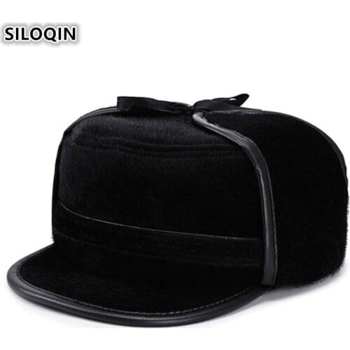 SILOQIN Plus Velvet Thick Warm Bomber Hats Mens Winter Hat Earmuffs Caps Imitation Hair Snow-proof Ski Cap With Ears For Men