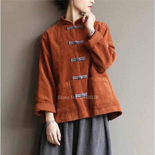 Autumn Winter Corduroy Jacket for Women Traditional Chinese Costumes Retro Vintage Shirt Blouse Solid Color Tang Suit Hanfu